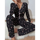 preiswerte Damen Schlafoberteile und -unterteile-Damen Schlafanzug Set Lässig Komfort Blumen Elastischer Bund Hose Heim Täglich Langarm V Ausschnitt Blau Schwarz Weiß Rosa Frühling Herbst Normale Passform