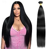 baratos 1 pacote de fios de cabelo humano-1 pacote Tecer Cabelo Cabelo Brasileiro Yaki Liso Extensões de cabelo humano Cabelo Humano Tecer 10-30 polegada Preta Riscas Naturais