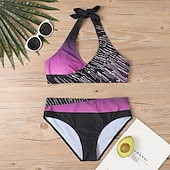 preiswerte Tankinis-Damen Badeanzug Zweiteilig Rock Bademode Rückenfrei Urlaub Strandbekleidung Gestreift V Ausschnitt Ärmellos Badeanzüge