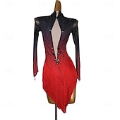 abordables robe de compétition-Robe de danse latine à franges, cristaux et strass, robe de compétition salsa à manches longues pour femme, idéale pour l'entraînement et la performance.