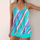 Χαμηλού Κόστους Τανκίνι-Γυναικεία Μαγιό 2 κομμάτι Σορτσάκια Μαγιό Εξώπλατο Διακοπές Ρούχα παραλίας Ριγέ Στρογγυλή Λαιμόκοψη Αμάνικο Μαγιό