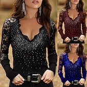 Недорогие Простая футболка-Жен. Блуза Кружева Пэчворк Сплошной цвет Стиль На каждый день Длинный рукав V-образный вырез Обычные топы Повседневные Синий Черный Винный Весна Осень Зима