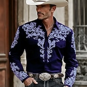 economico camicie western da uomo-Per uomo Paisley Stampa Floreale Etnico Camicia Camicia Western Camicia da cowboy Manica Lunga Vintage Retrò Casuale All'aperto Abbigliamento da lavoro Primavera Autunno Collo ripiegato Due tasche