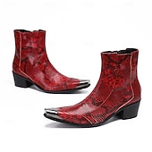 preiswerte Hochwertige Lederstiefel-Rote Herren-Ankle-Boots aus Leder mit Schlangenmuster – bequemer Blockabsatz mit Nietenbesatz, ideal für Weihnachtsfeiern und Partys