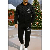 Недорогие спортивные костюмы-Новогодняя тематика Муж. Спортивный костюм из двух частей Толстовка с капюшоном для отдыха Толстовка на молнии Полный почтовый индекс с карманом Геометрический принт Наборы одежды Весна Черный Винный