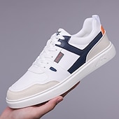 זול סניקרס קז'ואל-נעלי ספורט ספורטיביות לגברים בצבעי כחול כהה ולבן, קלות משקל ונוחות, עיצוב מודרני עם נגיעות כתומות, מושלמות ללבישה יומיומית וטיולים קז'ואליים