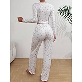 preiswerte Damen Schlafoberteile und -unterteile-Damen Schlafanzug Set Lässig Komfort Blumen Elastischer Bund Hose Heim Täglich Langarm V Ausschnitt Blau Schwarz Weiß Rosa Frühling Herbst Normale Passform