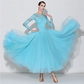 cheap Standard  Ballroom-Women's Elegant Turquoise Ballroom Dance Dress Lace Long Sleeve Boat Neck Waltz Tango Modern Rumba Practice Performance Gown