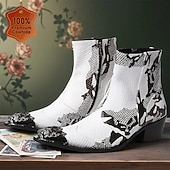baratos Botas de couro premium-Botas masculinas em couro legítimo preto e branco com estampa exclusiva - calçado moderno para homens antenados em moda e para ocasiões casuais.