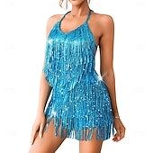 cheap Practice Dresses-Samba Dancewear Sequin Fringe RomperSparkly Glitter Metallic Jumpsuits For WomenBackless Shorts Dress Disco Dance Outfitl Performance Costume