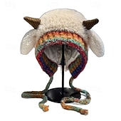 billiga uppvärmning avkylning-festlig jul fårhornhatt kvinnor vinterplyschstickad mössa söt koreansk stil varm ullhatt mysig fleecekeps för semesterfest utomhuskläder