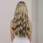 cheap Party Wigs-Synthetic Wig Wavy Curly Weave Middle Part Asymmetrical Deep Parting Machine Made Wig 26 inch Black / Gold Synthetic Hair Women's Classic Comfortable Color Gradient Mixed Color