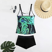 cheap Tankinis-Women's Swimwear 2 Piece Shorts Swimsuit Backless Vacation Beach Wear Graphic Color Block V Neck Sleeveless Bathing Suits