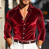 abordables Men's Smart Casual Shirts-Men's Wine Royal Blue Long Sleeve Vacation Party Clothing Apparel Velvet Elegant Casual