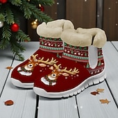 baratos Sapatos de Natal Femininos-Botas femininas natalinas quentinhas com forro de pele e estampa fofa de Papai Noel com gatinho – estilo aconchegante de inverno, sola leve antiderrapante, perfeitas para festas de fim de ano, passeios ao ar livre, uso casual e para presentear no Natal.