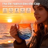 voordelige Mokken &amp; Bekers-Zeeglas zonsondergang mok 12 oz, handgemaakte mok met oceaan golfpatroon en kustthema, uniek getextureerd artistiek drinkgerei voor koffie, thee en cadeau voor liefhebbers van oceaan, strand en surfen