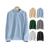 economico Camicie di lino-Per uomo Camicia Camicia di lino Camicia popover Camicia casual Camicia di cotone Semplice Vacanza Camicia hawaiana Nero Bianco Cachi Verde militare Manica Lunga Colletto alla coreana Primavera