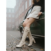 preiswerte Modische Stiefel-Rote, kniehohe Schnürstiefel für Damen mit Schleifendetail – stylische Stiefel mit Blockabsatz für Herbst und Winter