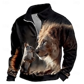 preiswerte Tierdruck-Herren Löwe Pullover 3D Jagd Stehkragen Outdoor Arbeit Geschenk Schwarz Grau Reißverschluss Herbst Winter Designer S M L XL XXL XXXL