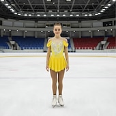 זול שמלות החלקה אמנותית-שמלה להחלקה אמנותית בגדי ריקוד נשים בנות החלקה על הקרח שמלות צהוב טלאים חור לאגודל רשת ספנדקס סטרצ'י (נמתח) הדרכה אימון מקצועי ביגוד להחלקה על הקרח שמור על חום הגוף קריסטלים / אבנים נוצצות שרוול ארוך