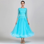 economico Sala da Ballo Standard-Abito da allenamento per ballo da sala da donna, elegante, nero, con maniche in pizzo, scollo a barca, valzer, tango, rumba moderna