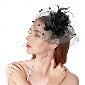 levne fascinátory-Čelenka Tyl Látka 30. léta Svatební Čajový dýchánek Dostih koktejl Elegantní Vinobraní S Peří Přílba Pokrývky Hlavy