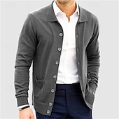 cheap Men's Cardigan Sweater-Men's Sweater Cardigan Sweater Ribbed Knit Regular Tops Knitted Plain Turndown Vacation Fashion Casual Office Clothing Apparel Spring &amp;  Fall Navy Blue S M L