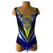 baratos Leotardo de Ginástica Rítmica-Collant de ginástica rítmica feminino para patinação no gelo, tingido com alta elasticidade, roupa profissional para competição de patinação, com cristais/strass, sem mangas.