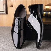 baratos Sapatos Oxford-Sapatos sociais masculinos de verniz marrom escuro com cadarço - calçado formal elegante para reuniões de negócios e eventos sofisticados.