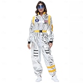  カップル用宇宙飛行士コスチューム ジャンプスーツ カーニバルコスチューム ワンジー マスク付き グループコスチューム 男性用 女性用 シルバー 宇宙服 刺繍パッチ付き