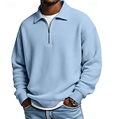 voordelige Klassieke polo voor heren-Voor heren Wafel Poloshirts Met Textuur Casual Buiten Kwart ritssluiting Lange mouw Modieus Modern Effen Kleur Met Textuur Gebreid Lente &amp; Herfst Alle seizoenen Ruim Passend Zwart Marineblauw