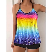 preiswerte Tankinis-Damen Badeanzug Tankini Zweiteilig Shorts Bademode Bauchkontrolle Hohe Taille Schlank Rückenfrei Urlaub Strandbekleidung Ombre Farbblock V Ausschnitt Ärmellos Badeanzüge