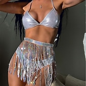 ieftine Topuri și seturi-Samba Dancewear Outfit strălucitor din paiete argintii pentru femei - Set cu top halter bralette și fusta pentru petreceri rave - Costum de performanță