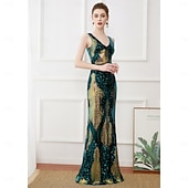 cheap 1920s Dresses-Roaring 20s 1920s Floor Length Dress Evening Dress Party Costume Sleeveless The Great Gatsby Sequin V Neck Fancy Dress Women's Christmas New Year Evening Party Party Wedding Adults Dress