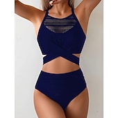お買い得  ビキニセット-女性用ビキニ2ピース水着 セクシーカットアウト チーキー スマート コントロール ハイウエスト スリム バカンス ビーチウェア ソリッドカラー Vネック ノースリーブ水着