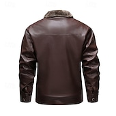 cheap Faux Leather Jackets-Men's Faux Leather Jacket Winter Jacket Fleece Jacket Casual Jacket Outdoor Casual Thermal Warm Pocket Fall Winter Plaid Streetwear Casual Hooded Regular Black Brown Jacket