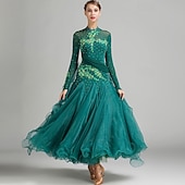 Недорогие Стандартный бальный зал-Женское элегантное платье для бальных танцев бирюзового цвета, украшенное стразами, с высоким воротником, для вальса, танго, румбы, современного танца, для выступлений на соревнованиях