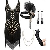 billiga 1920-talets klänningar-Set Roaring 20s 1920s Mini Dress Flapper Dress Outfits with Accessories Sleeveless The Great Gatsby Charleston Sequins Tassel Fringe Feather Deep V Fancy Dress Women's Carnival New Year Masquerade