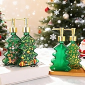 cheap Soap Dispensers-Glass Christmas Tree Hand Pump Dispenser Bottle - 300ml Red/Green Reusable Travel-Sized Soap/Lotion/Cleanser Container with Golden Reindeer Snowflake Design for Kitchen, Bathroom, Office - Durable