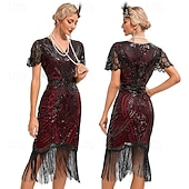 preiswerte 1920er Kleider-Goldene Zwanziger 1920er Knielang Flapper Kleid Kurze Ärmel Der große Gatsby Flapper-Mädchen Pailletten Fransen V Ausschnitt Kostüm Damen Weihnachten Karneval Abendgesellschaft Flüsterkneipe Maskerade