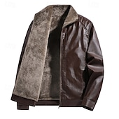 cheap Faux Leather Jackets-Men's Faux Leather Jacket Winter Jacket Fleece Jacket Casual Jacket Outdoor Casual Thermal Warm Pocket Fall Winter Plaid Streetwear Casual Hooded Regular Black Brown Jacket