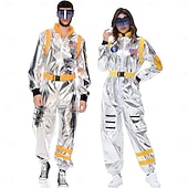  カップル用宇宙飛行士コスチューム ジャンプスーツ カーニバルコスチューム ワンジー マスク付き グループコスチューム 男性用 女性用 シルバー 宇宙服 刺繍パッチ付き