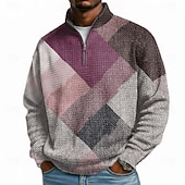 abordables Motif Géométrique-Homme Géométrique Plaid Gauffré Sweatshirt Mode Quotidien Classique Occasionnel Col montant Zip quart Extérieur Maison Bureau Travail Bleu Violet Vert Kaki Zip Up Automne Hiver Designer S M L XL XXL