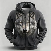 preiswerte Tierdruck-Herren Wolf 3D Kapuzensweatshirt Jacke Pullover Fantasie Allover-Druck Langarm Reißverschluss Streetwear Urlaub Ausgehen Schwarz Khaki Dunkelgray Reißverschluss Herbst Winter Designer S M L XL XXL