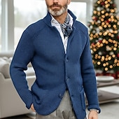 billiga cardigan tröja för män-Herr Tröja Klänning tröja Cardigan Tröja Våffelstruktur Sticka Vanliga toppar Stickat Button-Down Hög krage Klassisk Ledigt Kläder Raglanärm Höst vinter Vår Blå Röd Brun XS S M