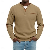 billiga Casual Henley T-shirt-Herr Våffeltröja Waffle Henley Shirt Herrskjortor med armbågslappar Långärmad V-hals Henley Höst vinter Vår &amp; Höst Ensfärgat Mode Grundläggande Ledigt falska två stycken Ledigt Gata Sport Grå Topp