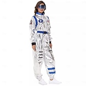  カップル用宇宙飛行士コスチューム ジャンプスーツ カーニバルコスチューム ワンジー マスク付き グループコスチューム 男性用 女性用 シルバー 宇宙服 刺繍パッチ付き
