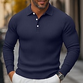cheap Men's Classic Polo-Men's Rib Knit Top Textured Street Casual Lapel Long Sleeve Basic Modern Plain Buttons Spring Fall All Seasons Slim Fit Blue White Navy Blue Gray Rib Knit Top