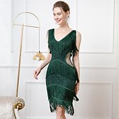 baratos Vestidos dos anos 1920-Roaring 20s 1920s Knee Length Flapper Dress Sleeveless The Great Gatsby Flapper Girl Sequins Fringe V Neck Fancy Dress Women's Christmas Carnival speakeasy Masquerade Retro Theme Party Adults Dress