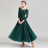 Недорогие Стандартный бальный зал-Женское элегантное платье для бальных танцев изумрудно-зеленого цвета с кружевной аппликацией, открытыми плечами и длинным рукавом, для вальса, танго, современной румбы, для выступлений на